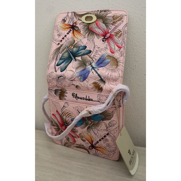Anuschka Pink Dragonflies Hand-Painted Leather Crossbody Bag RFID Protection - Picture 9 of 10